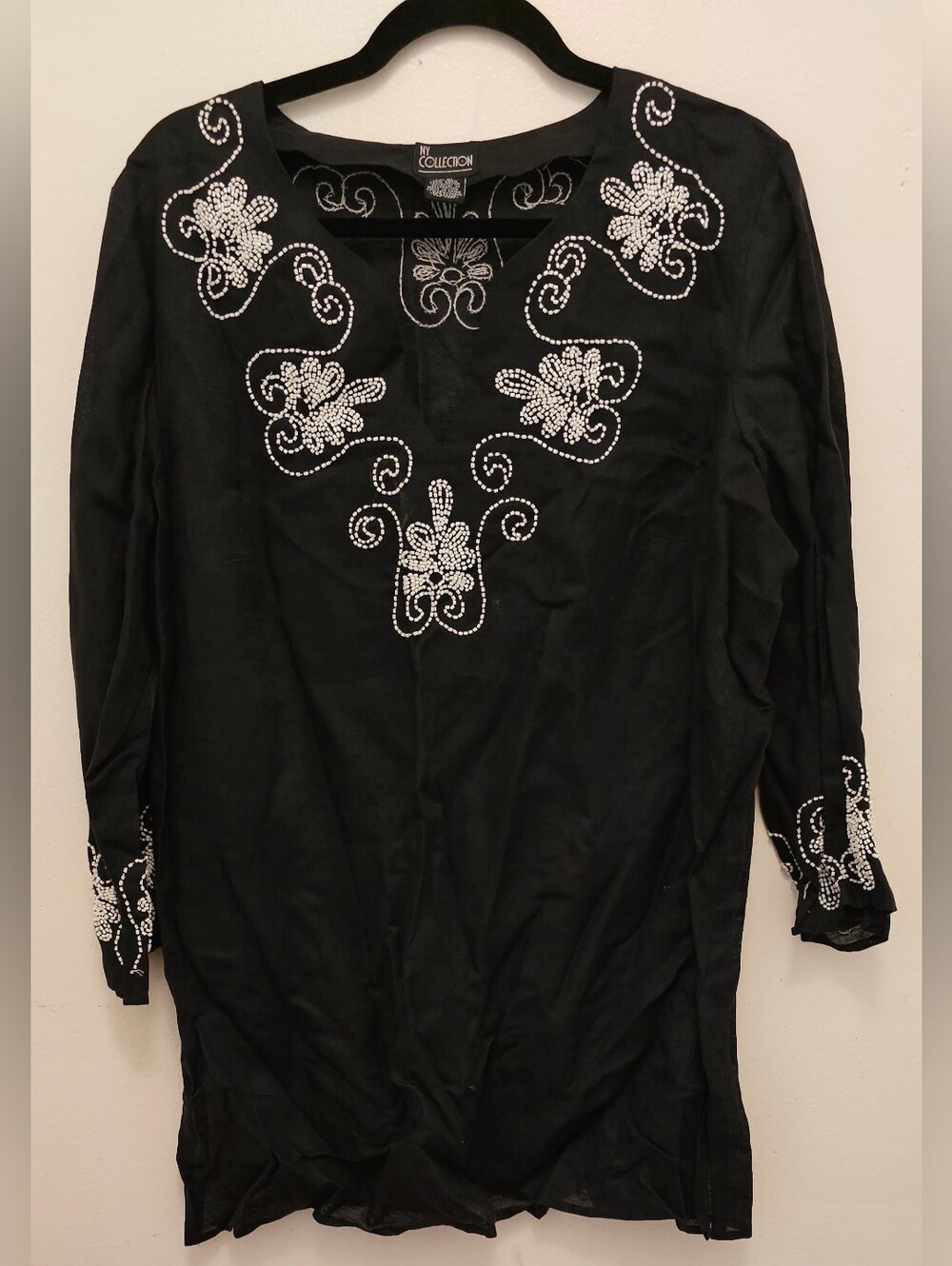 NY Collection Black Tunic with White Beaded Floral Accents